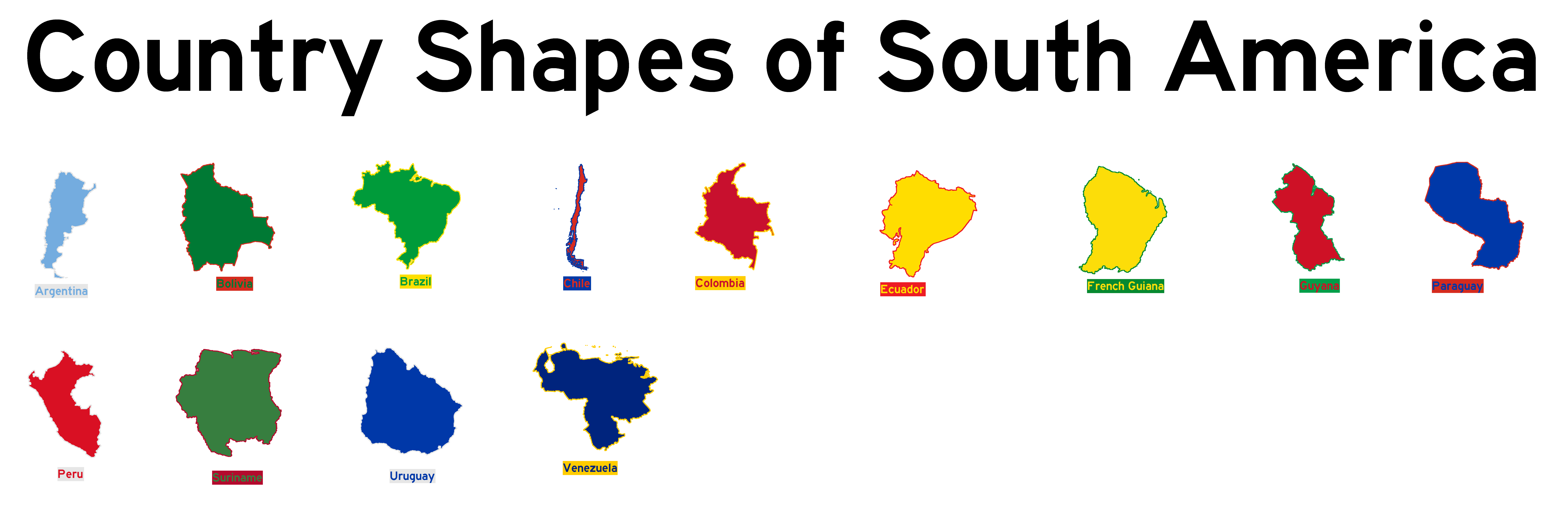 Country Shapes of South America (White Background) by