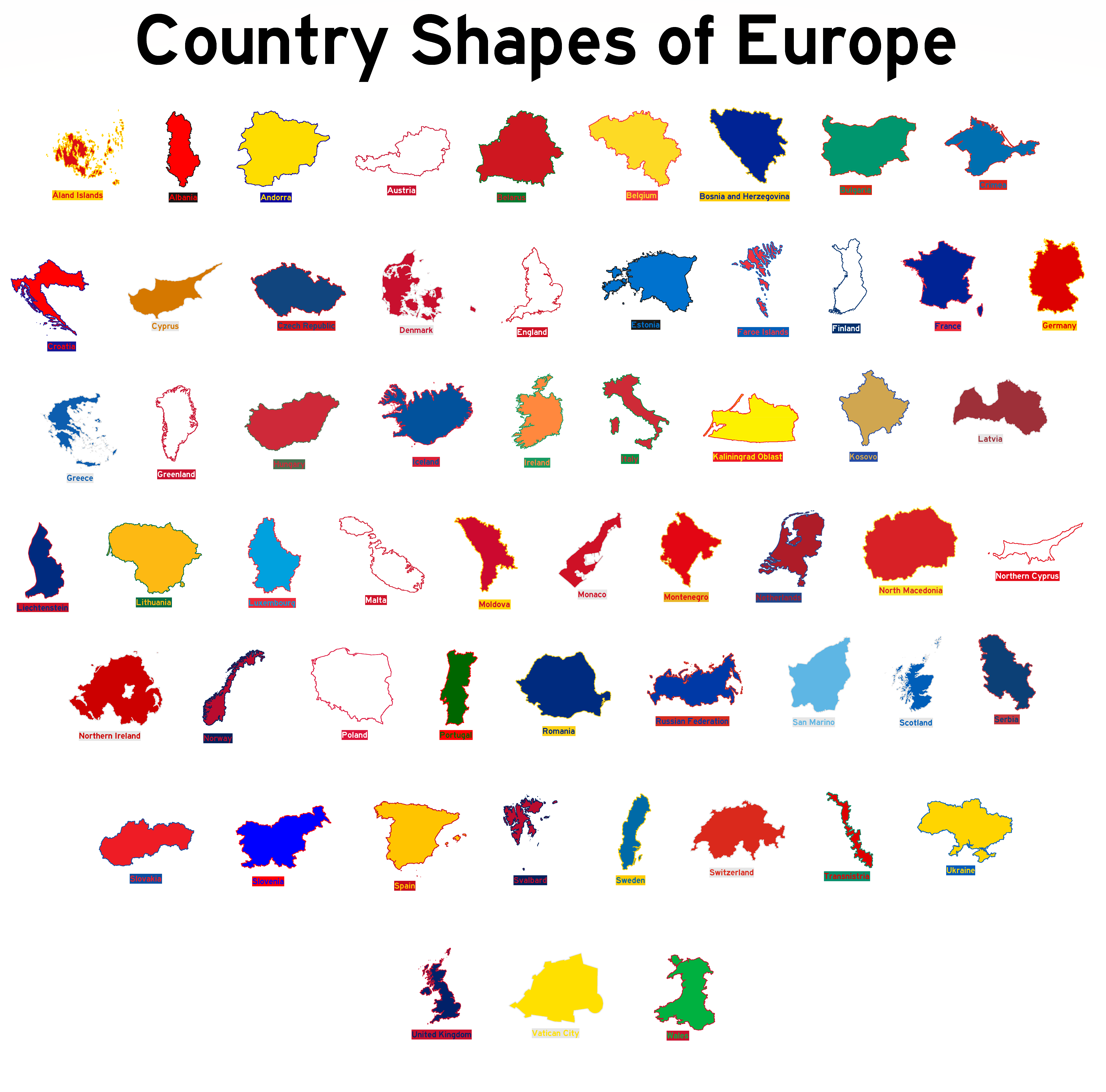 Country Shapes of Europe (White Background) by HispaniolaNewGuinea