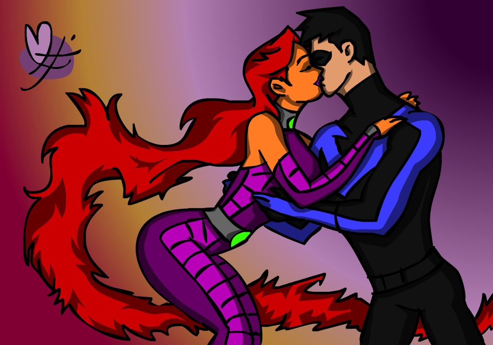 StarFire and NightWing) kiss - color