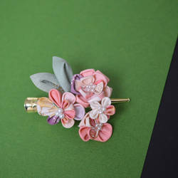 Pink Flowers Tsumami Zaiku on Clip. Kimono fabric