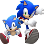 Sonic and Classic Sonic Running Together 