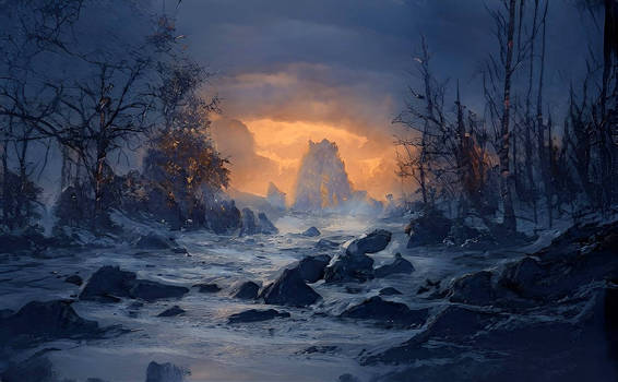 A frozen river on an icy mountain at sunset