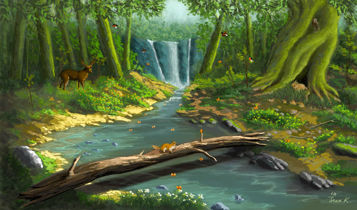 Рисунок леса реки. Сказочный лес с речкой. Сказочная река. Сказочный ручей в лесу. Сказочное озеро.