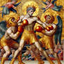 A medieval saint with his boxing angels