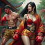 Mei Lin and Liu Kang boxing in garden