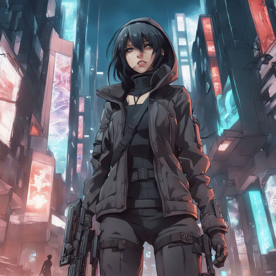 Ruthless anime female assassin with a cold gaze, a