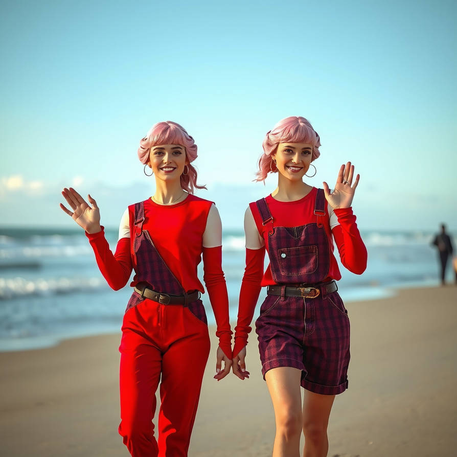 Two young twin women with glossy pink hair in eleg