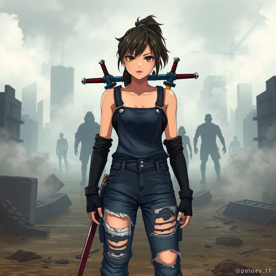 A young woman stands confidently in the center of