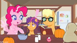 Pinkie, Scootaloo and Applejack cooking together by Kurisumuffins