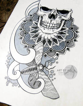 Skull, dotwork, ornamental. Tattoo sketch.