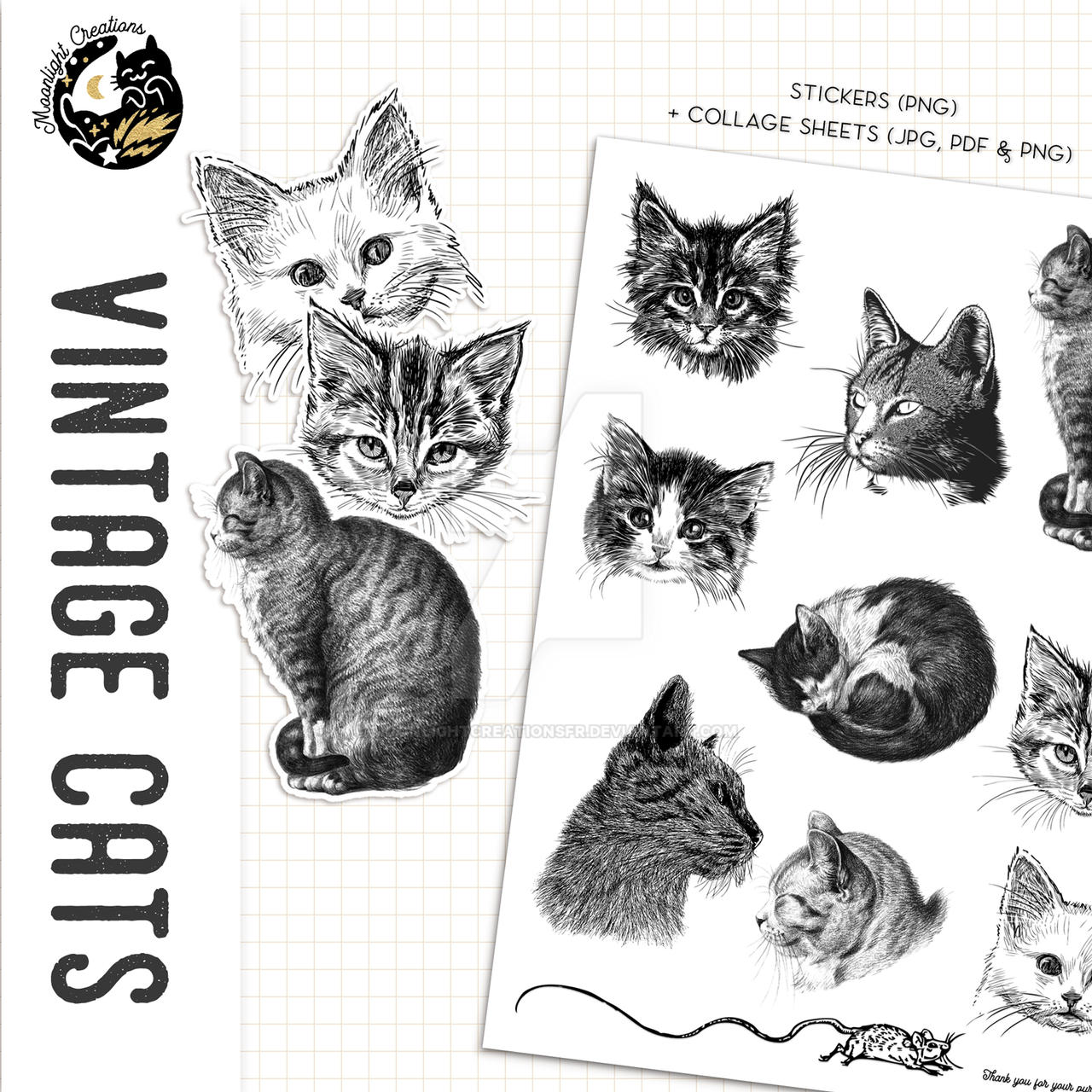 Printable Vintage Cat Stickers, PNG, PDF and JPG by