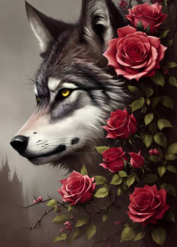 Wolf with Red Flowers