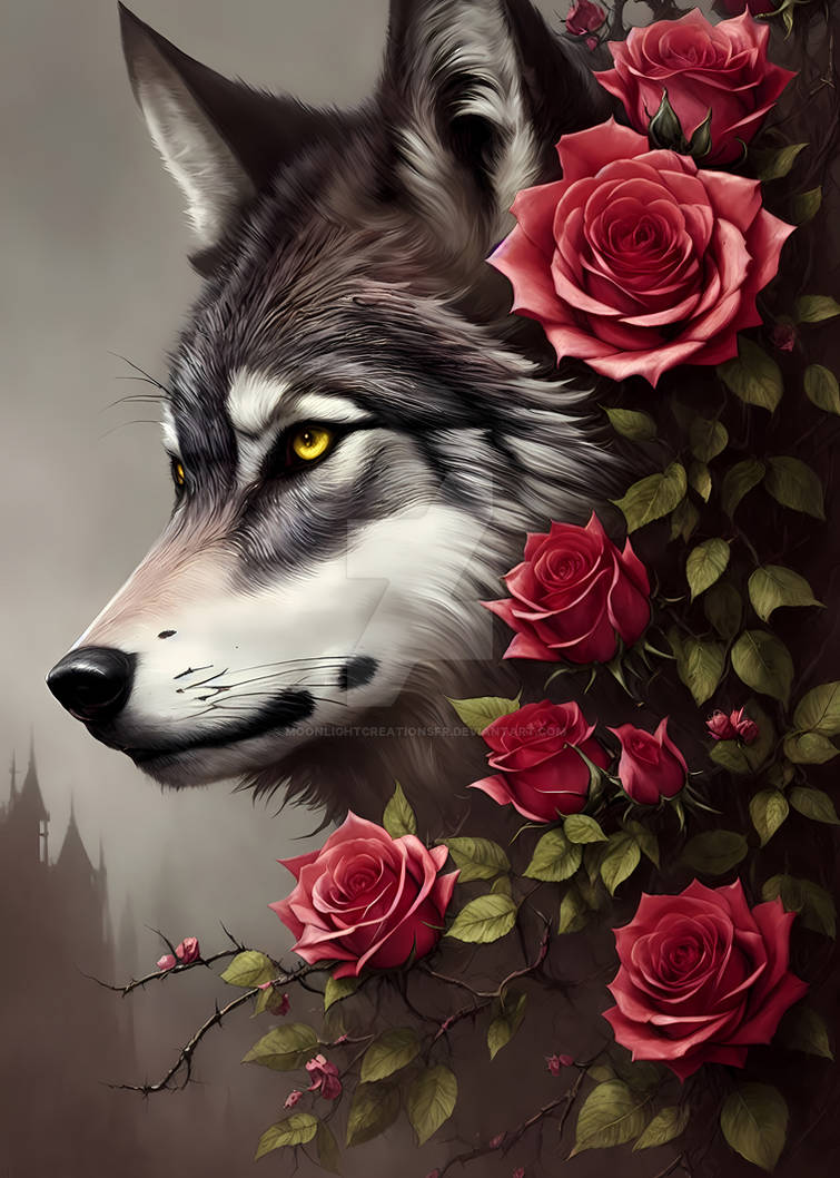 Wolf with Red Flowers by MoonlightCreationsFr on DeviantArt