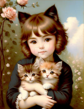 Child huggins Kittens - Vintage Oil Painting