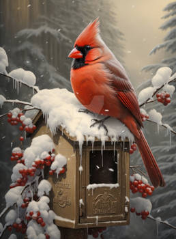 Red Cardinal Bird, Oil Painting