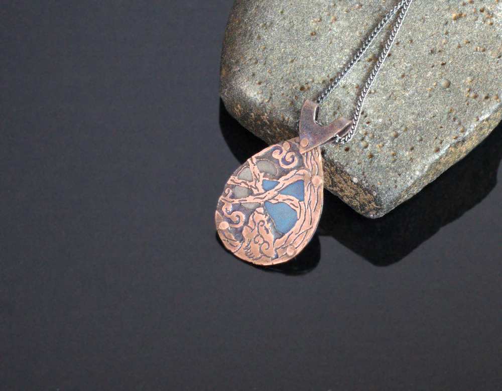 Etched Copper And Titanium Wolf Pendant