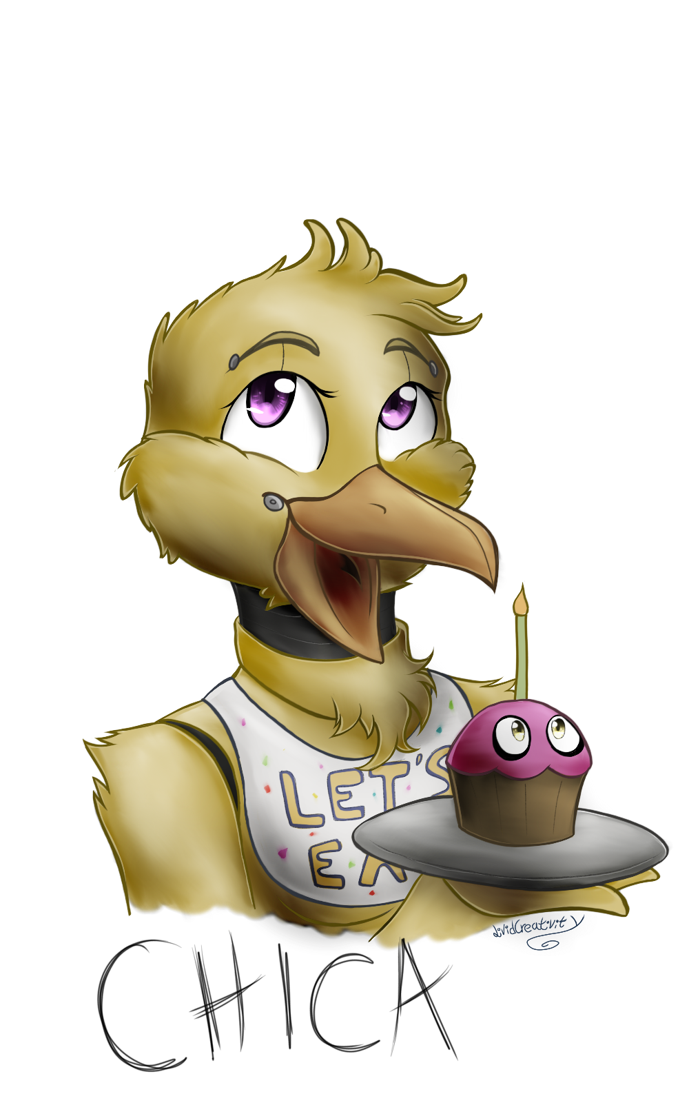 205046 - safe, artist:bootsdotexe, withered chica (fnaf), animatronic,  bird, chicken, fictional species, galliform, robot, five nights at freddy's,  2017, bib, eyelashes, female, looking at you, purple eyes, signature,  simple background, solo, transparent