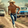 A cowboy runs away from being chased.