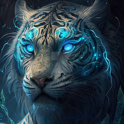 An illustration of a tiger and its eyes in blue li