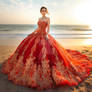 In the luxury seaside wedding scene is wearing