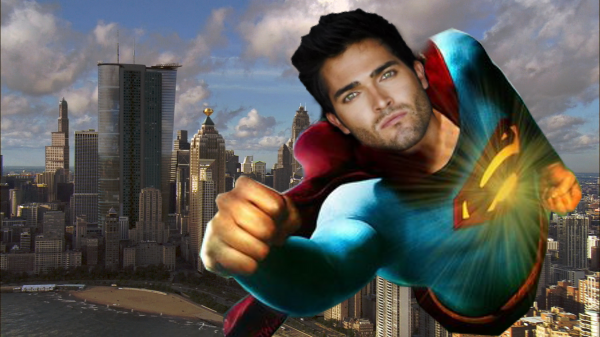 Tyler Hoechlin Superman flying over Metropolis