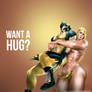 Shanna (5ft11in) bearhug on Wolverine (5ft3in)