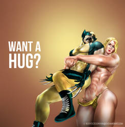 Shanna (5ft11in) bearhugs Wolverine (5ft3in) by bodyscissorfan