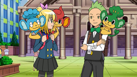 PKMN BW OC picture - Cilan and Elisa with monkeys