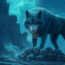 Giant Wolf with Red Eyes Guarding Pile of Skulls