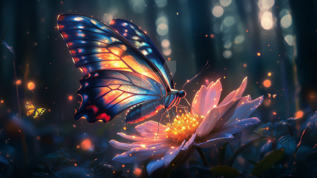 Blue Rainbow Butterfly on Glowing Flower