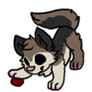 Chibi-animated pup playing with a ball