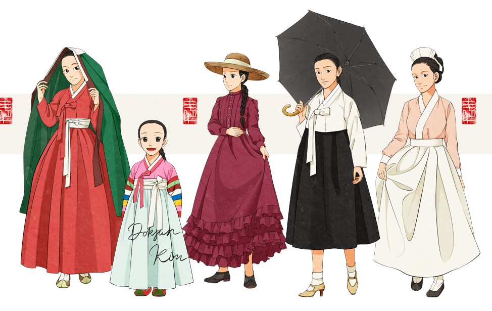 Hanbok in modern era Illustrations showing korean traditional clothing in the modern era