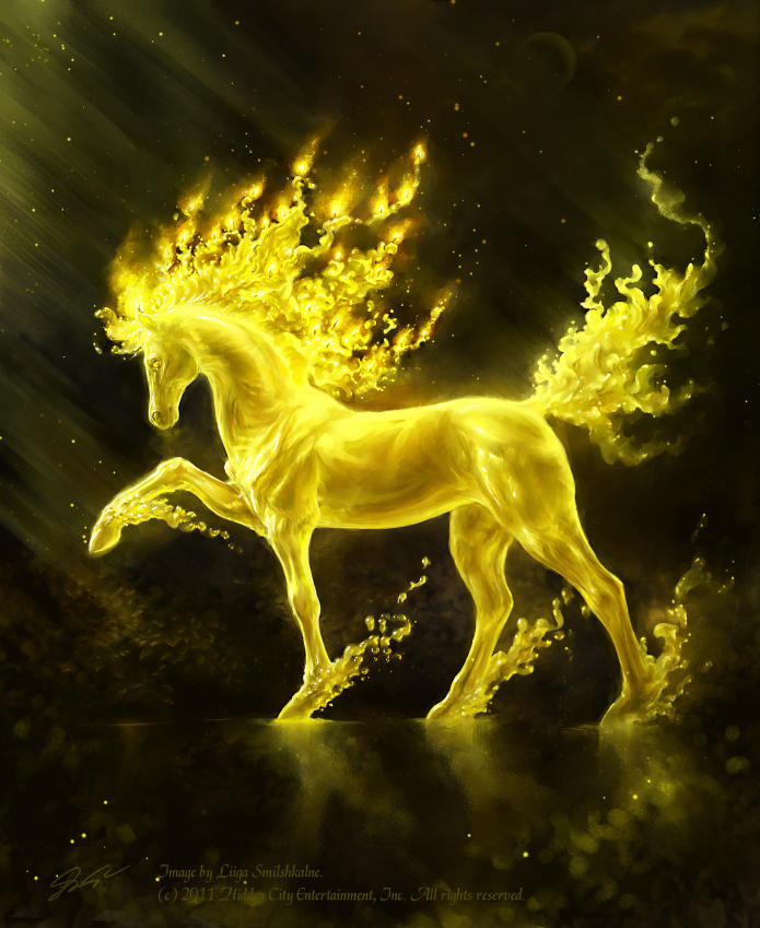 Желтый единорог. Кобылица с золотой гривой. Золотой конь. Огненная лошадь. Волшебный конь.