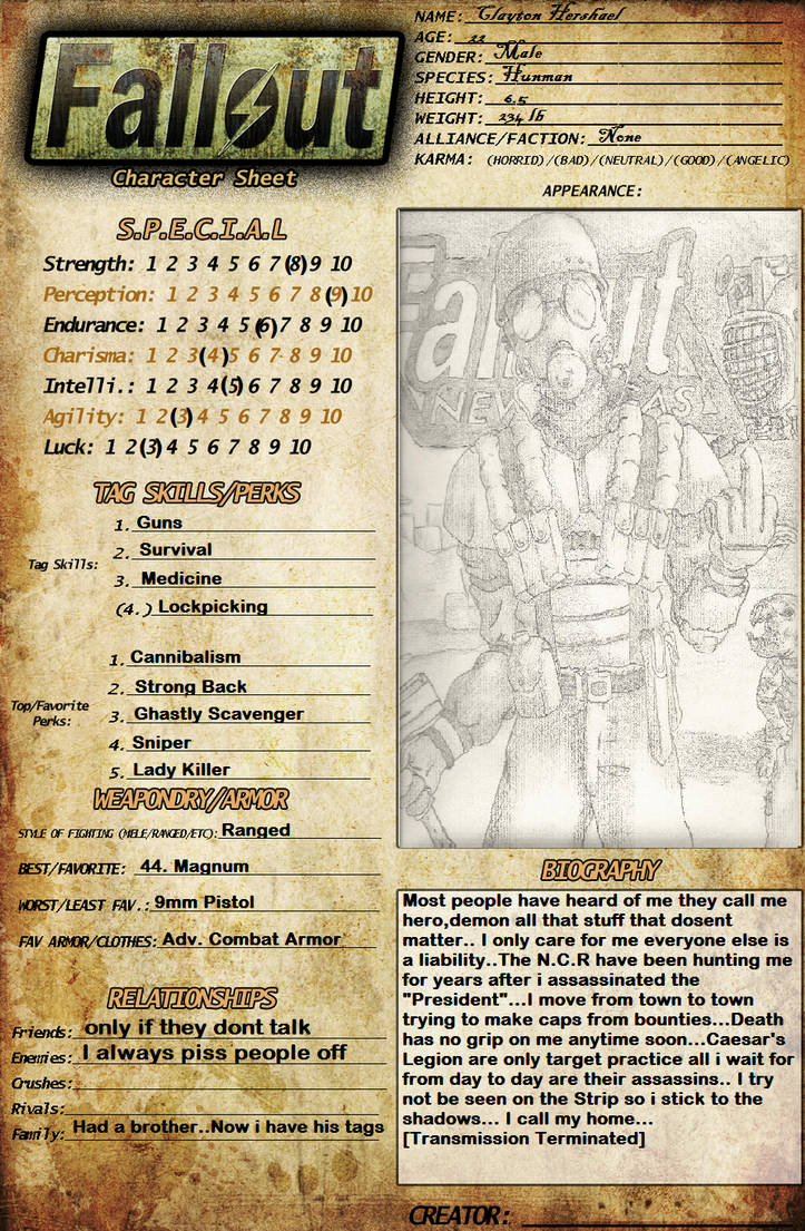 Fallout new vegas character sheet