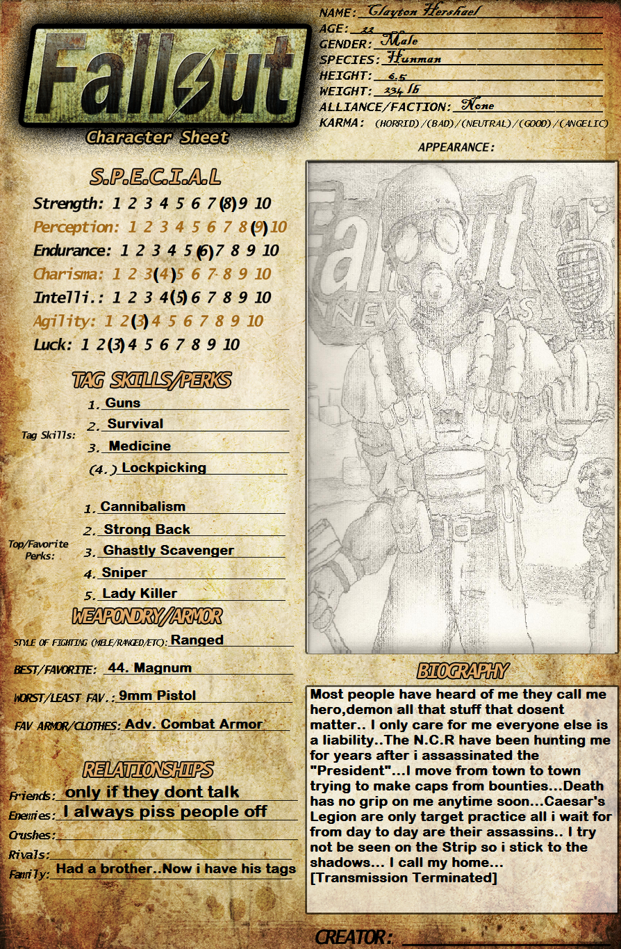 My Fallout New Vegas character sheet