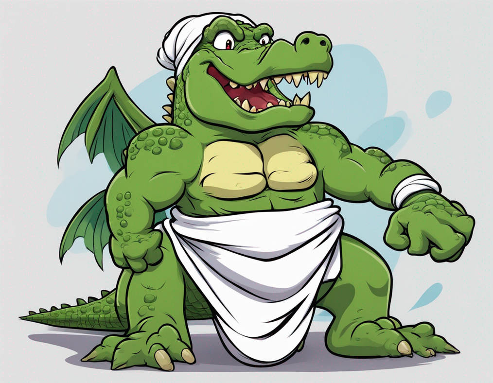 Cartoon Muscular Crocodile with arm-wings wearing