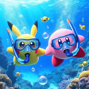 Pikachu and Kirby snorkeling 