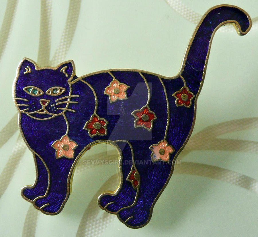 Vintage Blue Enamel Floral Cat Brooch