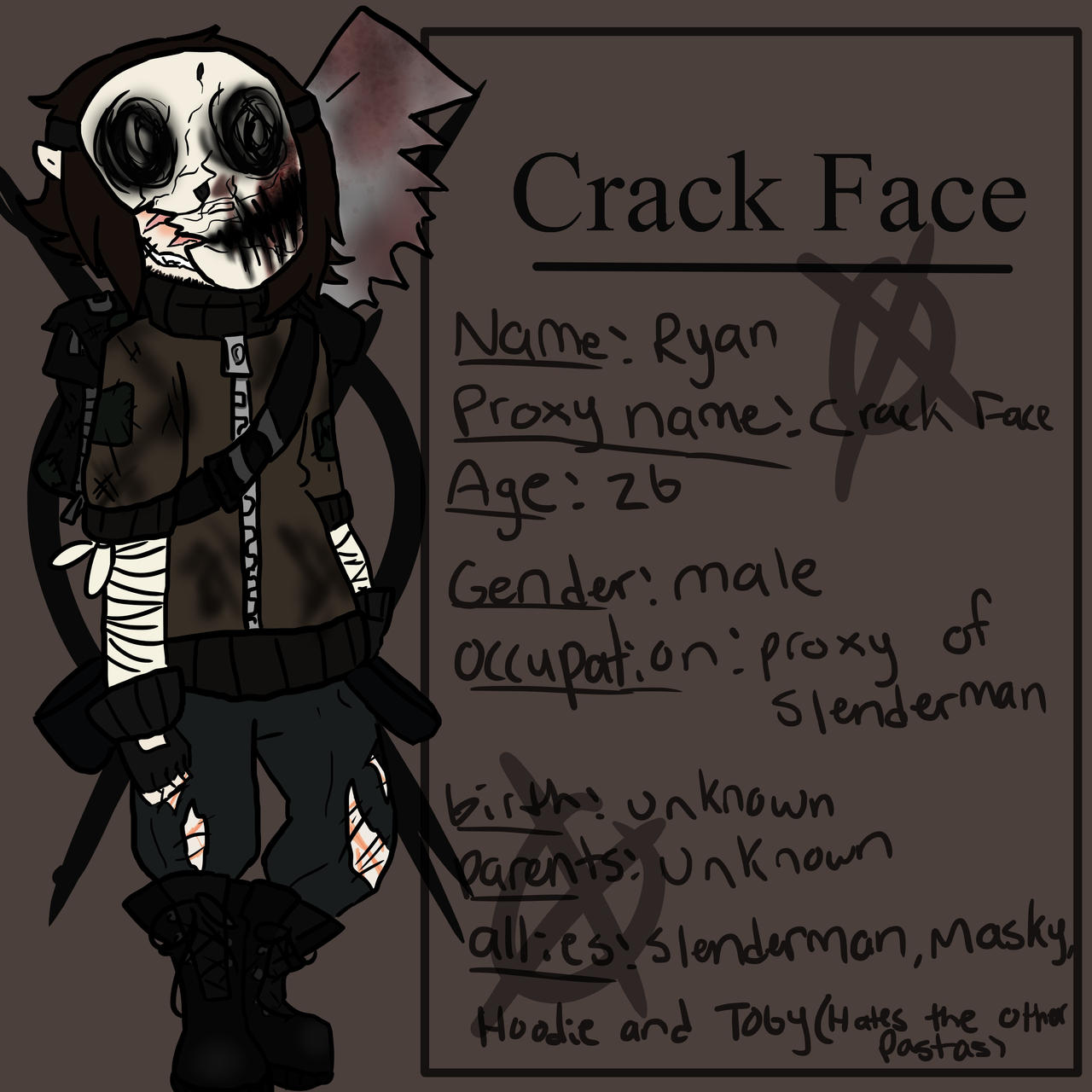 Creepypasta OC: Crack Face reference sheet