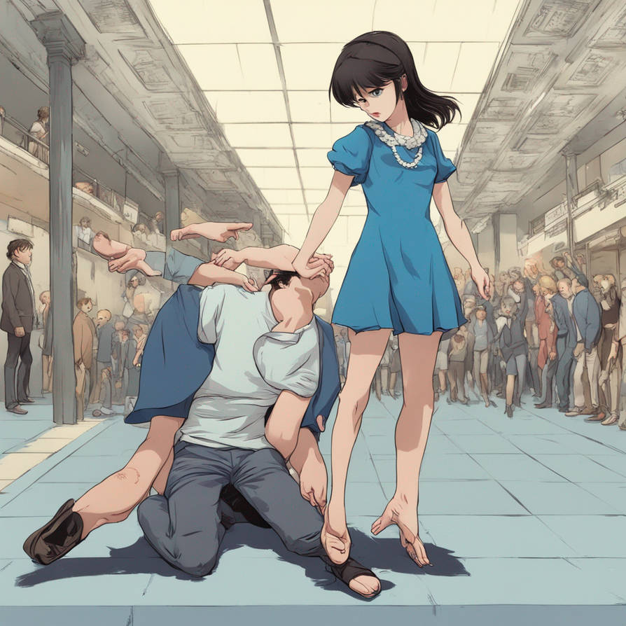 A girl trample boys head black dress