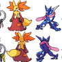 Klefki, Delphox, Greninja, and Avalugg