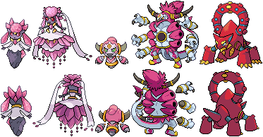 (Mega) Diancie, Hoopa, and Volcanion