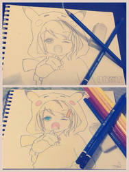 Traditional Art: Rin Kagamine with Pikachu hoodie