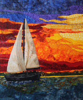 Sailboat at Sunset - a fabric art piece
