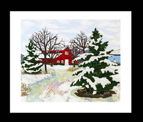 Red Barn in Winter - Made with fabrics and threads