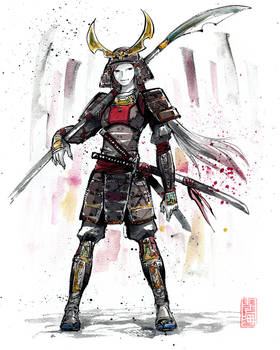 Samurai Girl in Armor Sumie style