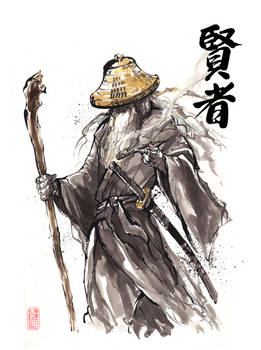 Gandalf Samurai sumi style with calligraphy