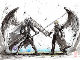 Sephiroth and Cloud Sumi and watercolor
