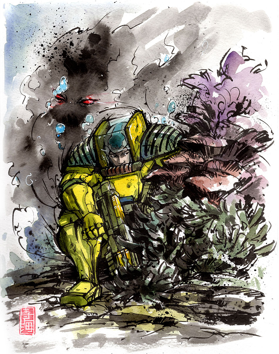 Xcom TFTD fanart sumi and watercolor