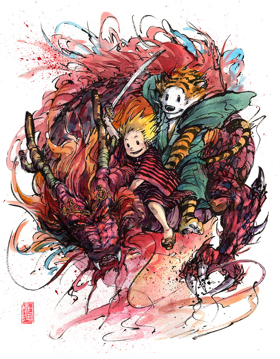 Calvin and Hobbes on a Red Dragon